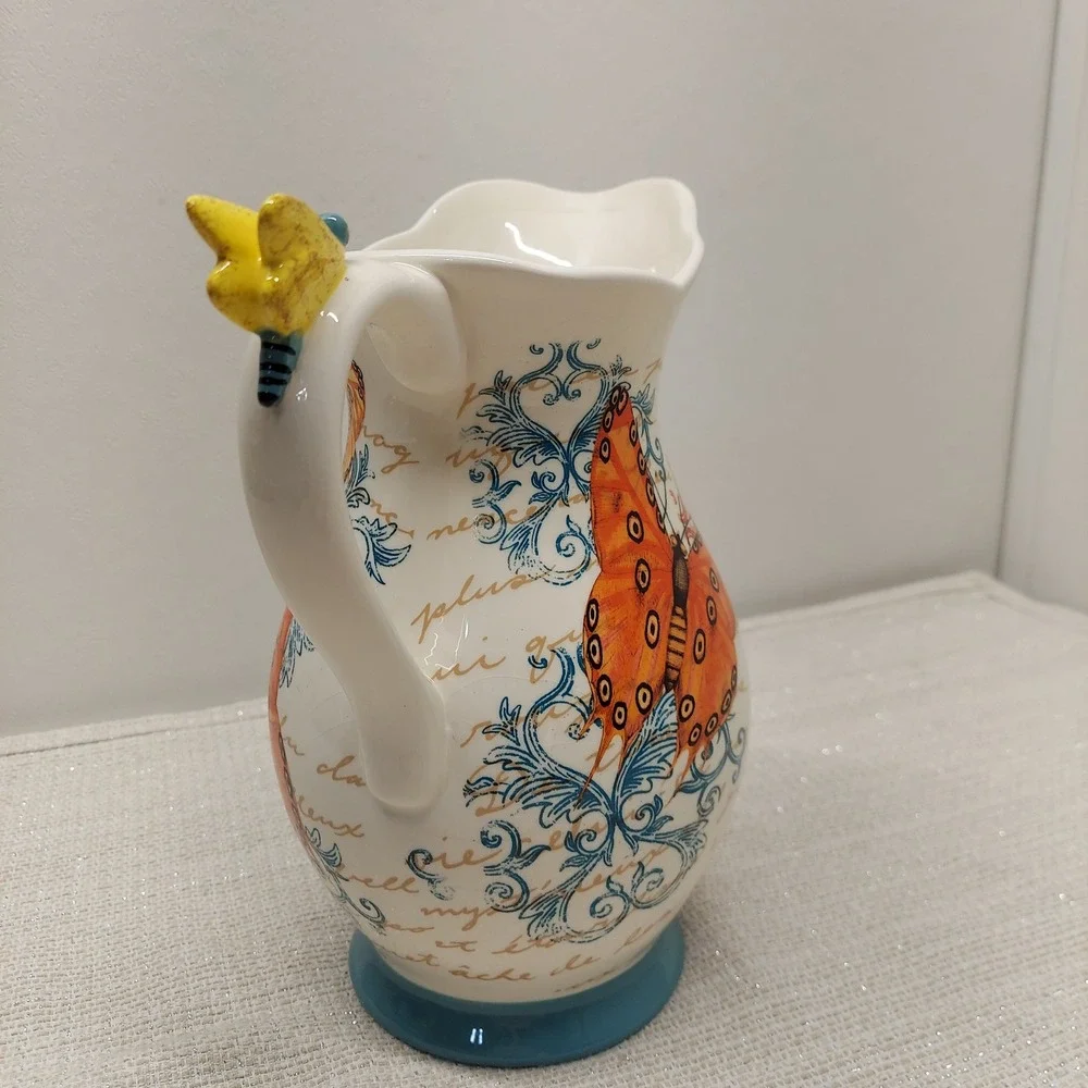 Cracker Barrel Butterfly Ceramic Pitcher French Country Script Decor 10